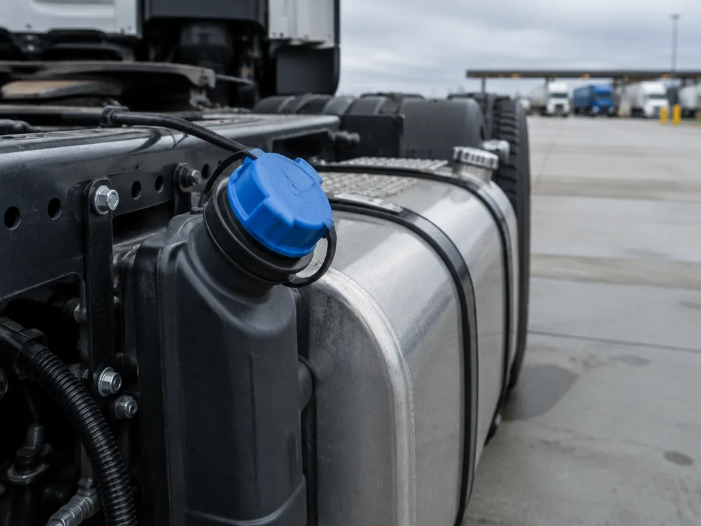 Blått påfyllningslock till AdBlue-tanken bredvid dieseltanken på en tung lastbil vid en truckstation