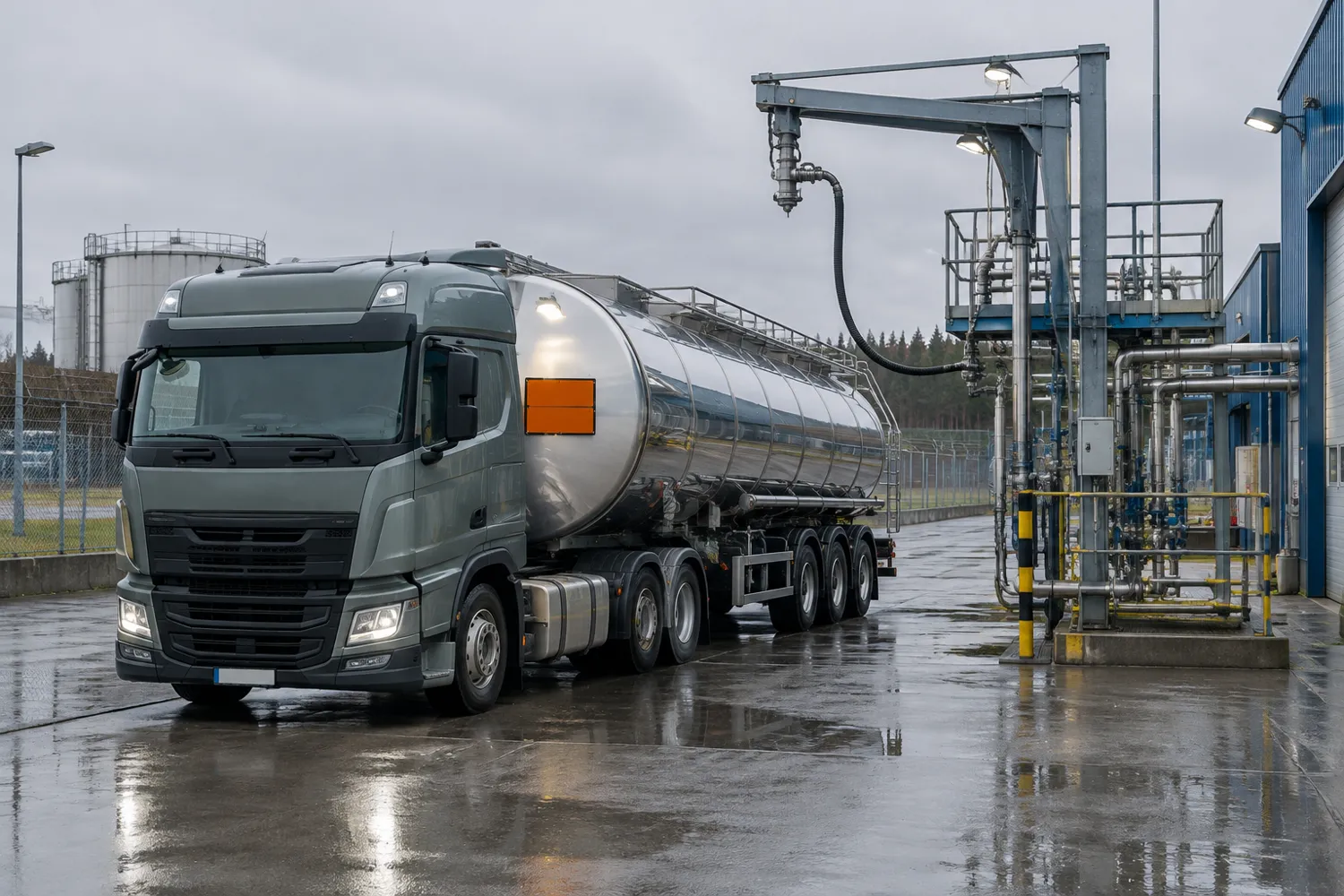 Tankbil med orange varningsskylt parkerad vid en lastplats på ett industriområde i gråväder
