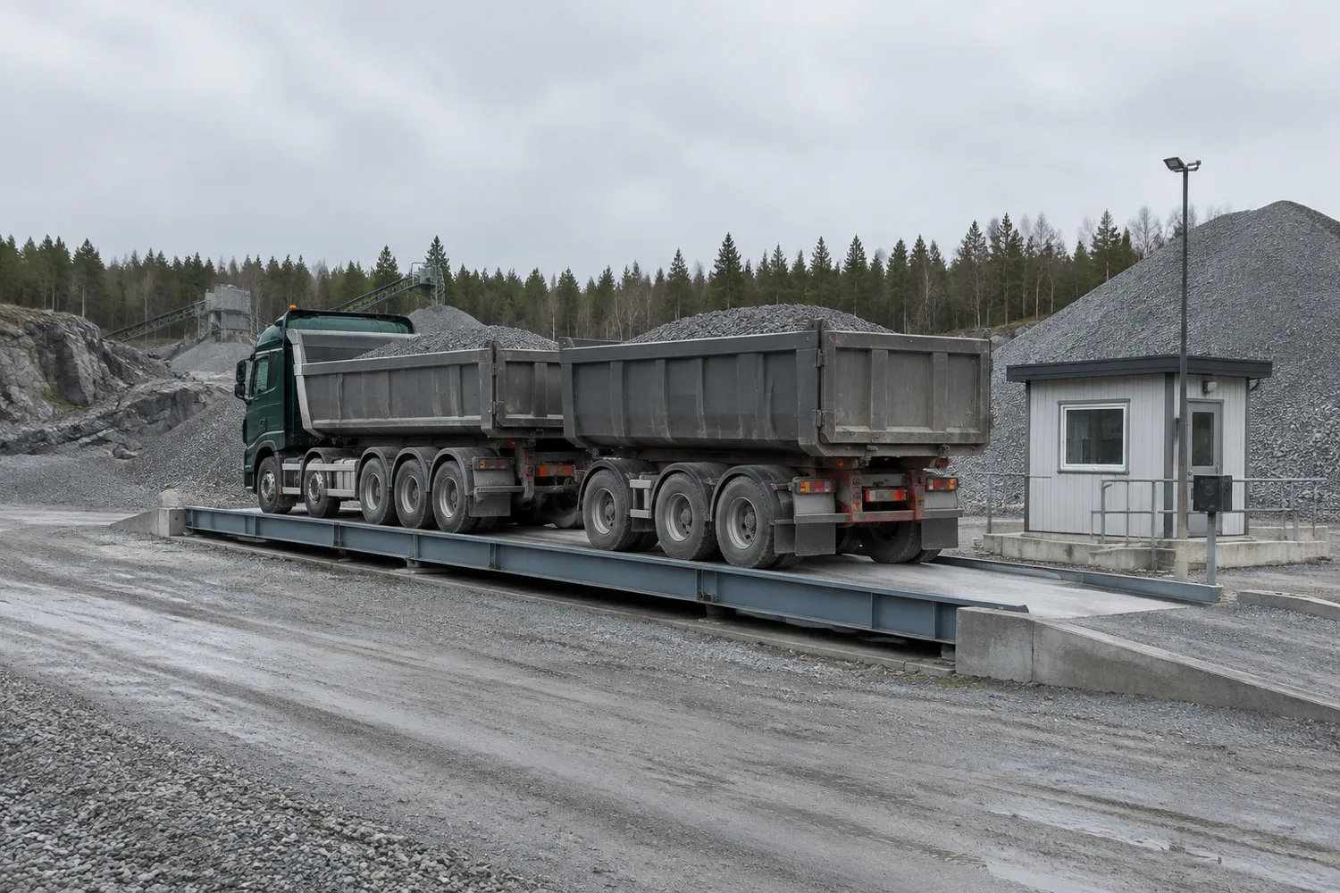 Fullastad tipplastbil med släp på en fordonsvåg i en bergtäkt