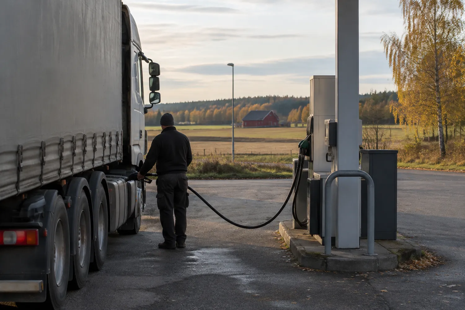 Förare tankar en lastbil med trailer vid en truckstation på landsbygden en höstkväll, sedd bakifrån
