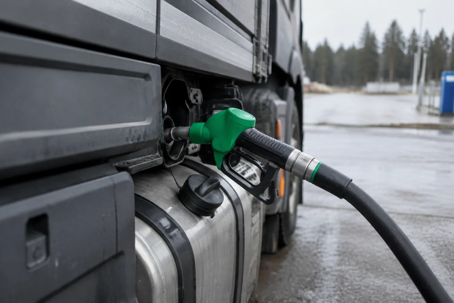 Grönt tankmunstycke i tankröret på en tung lastbil vid en truckstation en mulen dag