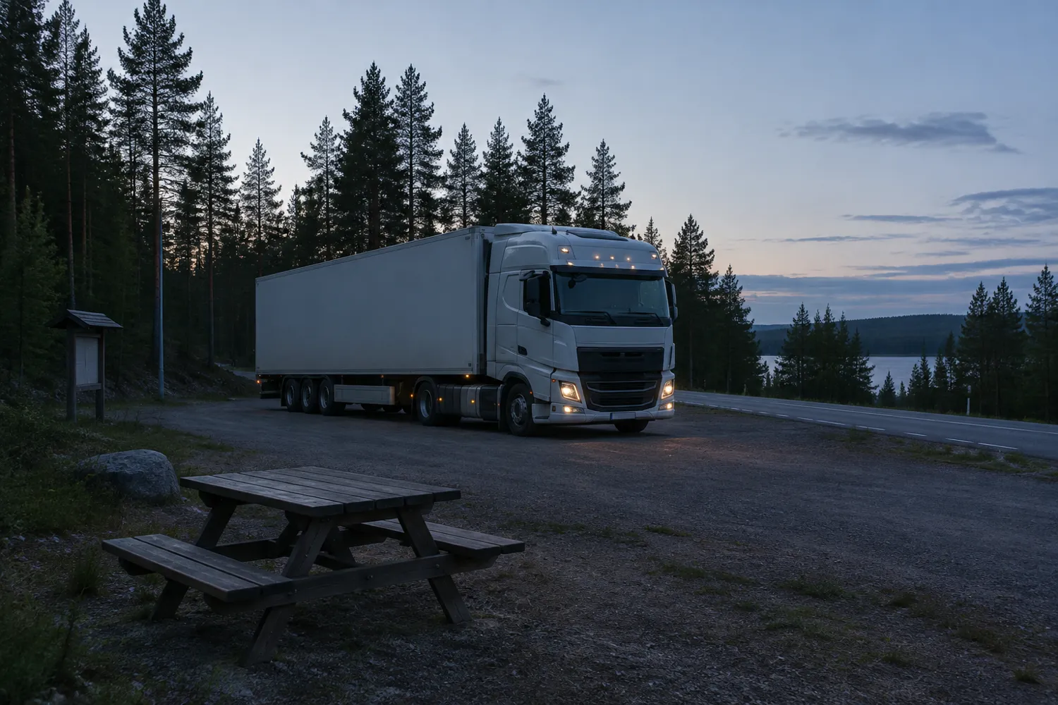 Lastbil parkerad på en rastplats längs en svensk landsväg i skymningsljus
