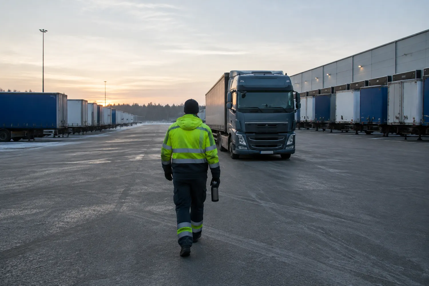 Lastbilschaufför i varselkläder går över en terminalgård mot sin lastbil i gryningen, sedd bakifrån