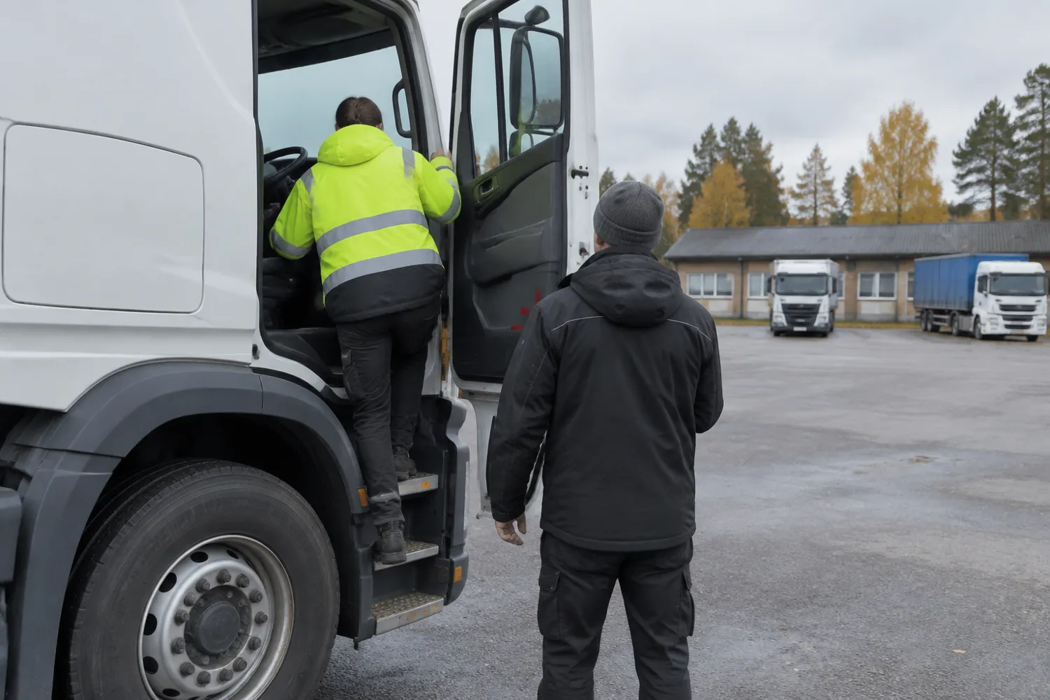 Elev i varseljacka kliver upp i hytten på en lastbil medan en lärare står bredvid, på en utbildningsplan med parkerade lastbilar