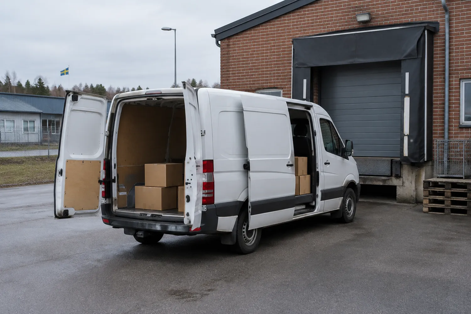 Vit skåpbil med öppna bakdörrar och kartonger i lastutrymmet vid en lastport på ett industriområde
