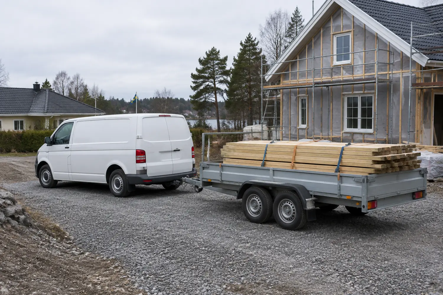 Skåpbil med kopplat flaksläp lastat med virke på en grusplan vid ett bygge