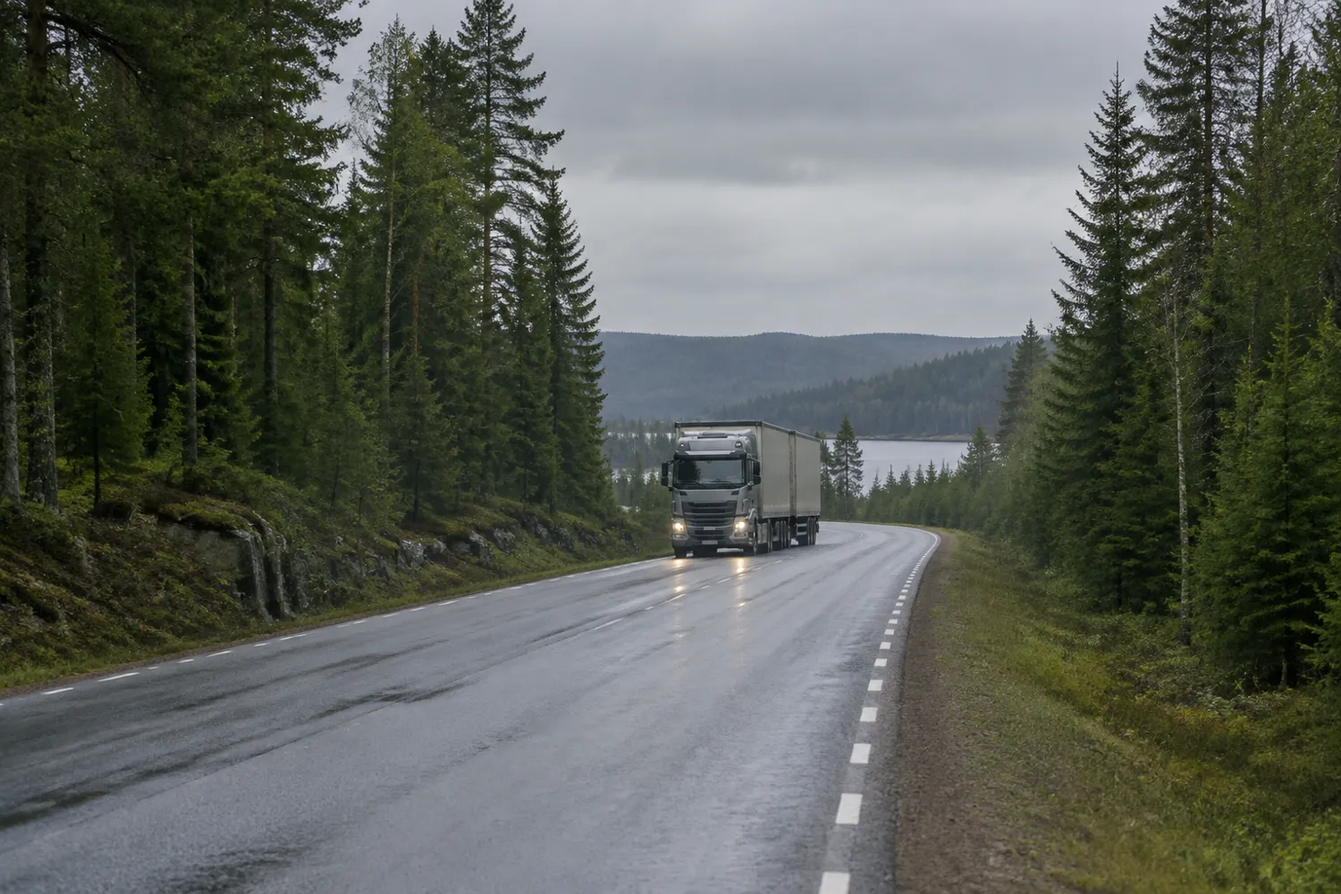 Tung lastbil med släp på en tvåfilig landsväg genom svensk skog en mulen dag