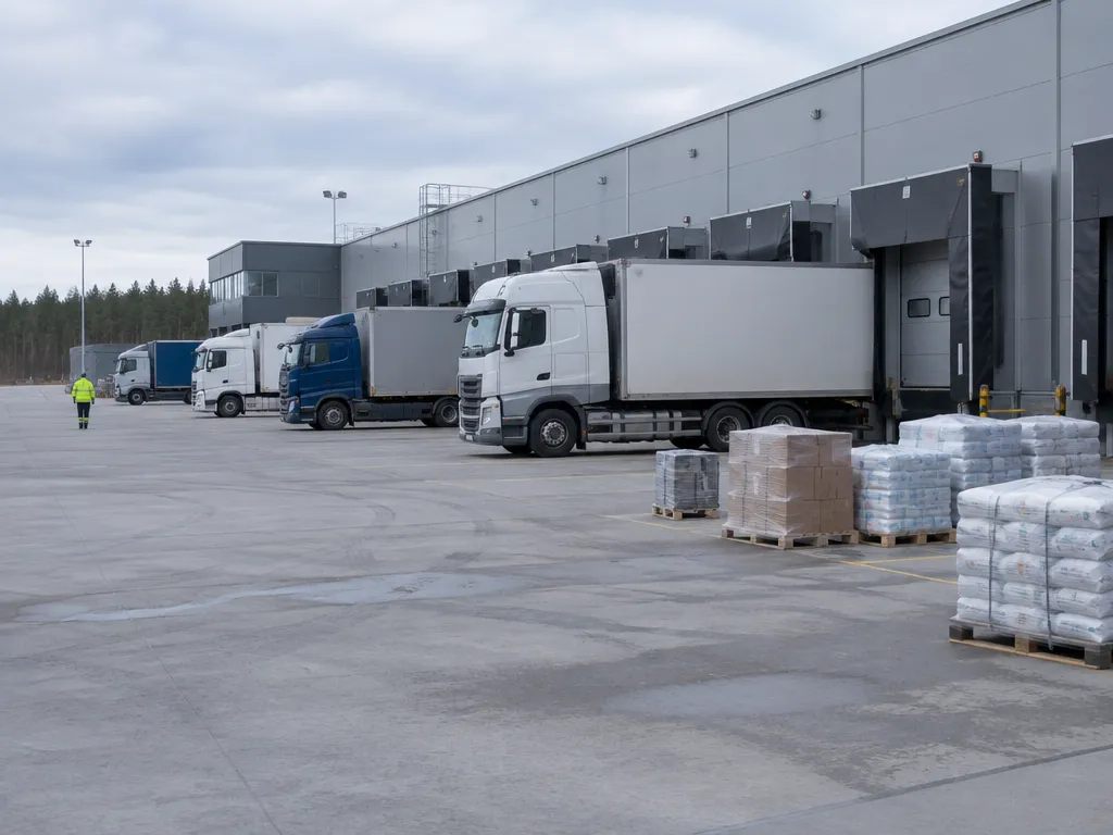 Lastbilar vid lastkajer med pallar på planen framför